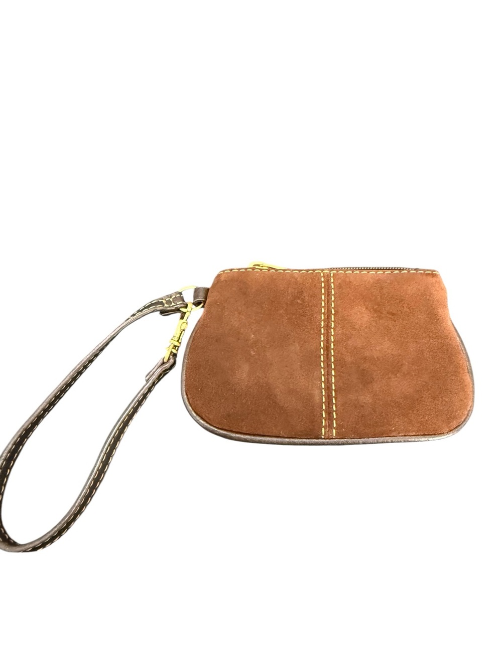 Suede Wristlet Clutch in Brown with Contrast Stitching